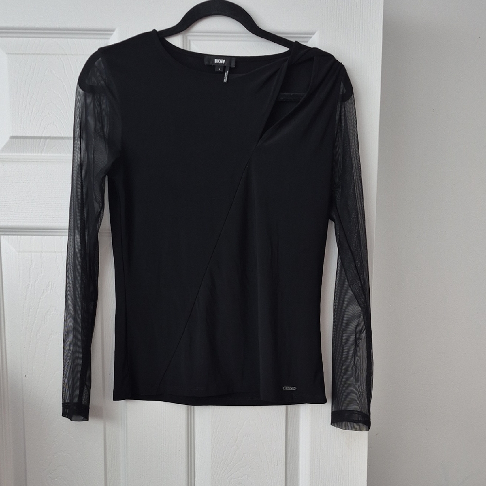 DKNY Black Mesh Sleeve Long Sleeve Top | Sheer Detail Going-Out Blouse Size S